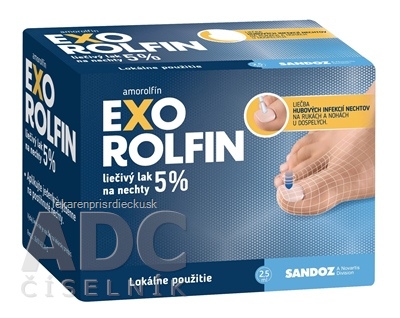EXOROLFIN liečivý lak na nechty 5 % lum (fľ.skl.jantárová+30 tamp.+10 špachtlí+30 pilník.) 1x2,5 ml