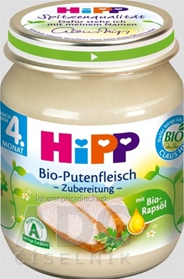 HiPP Príkrm BIO Morčacie mäso - pyré mäso (od ukončeného 4. mesiaca)(Bio-Putenfleisch-püriert) 1x125 g