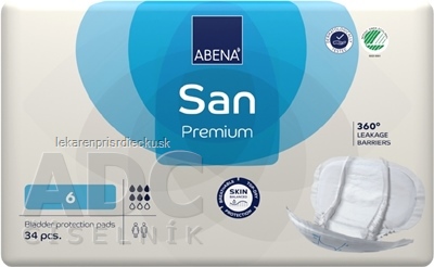 ABENA San Premium 6 vkladacie plienky, anatomické, 30x63 cm, savosť 1600 ml, 1x34 ks
