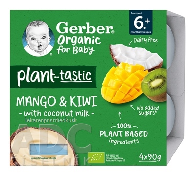 Gerber Organic Rastlinný dezert Mango a kiwi s kokosovým mliekom (od ukonč. 6. mesiaca) 4x90 g