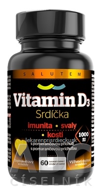 Vitamín D3 Srdiečka 1000 IU SALUTEM cmúľacie tablety s pomarančovou príchuťou 1x60 ks
